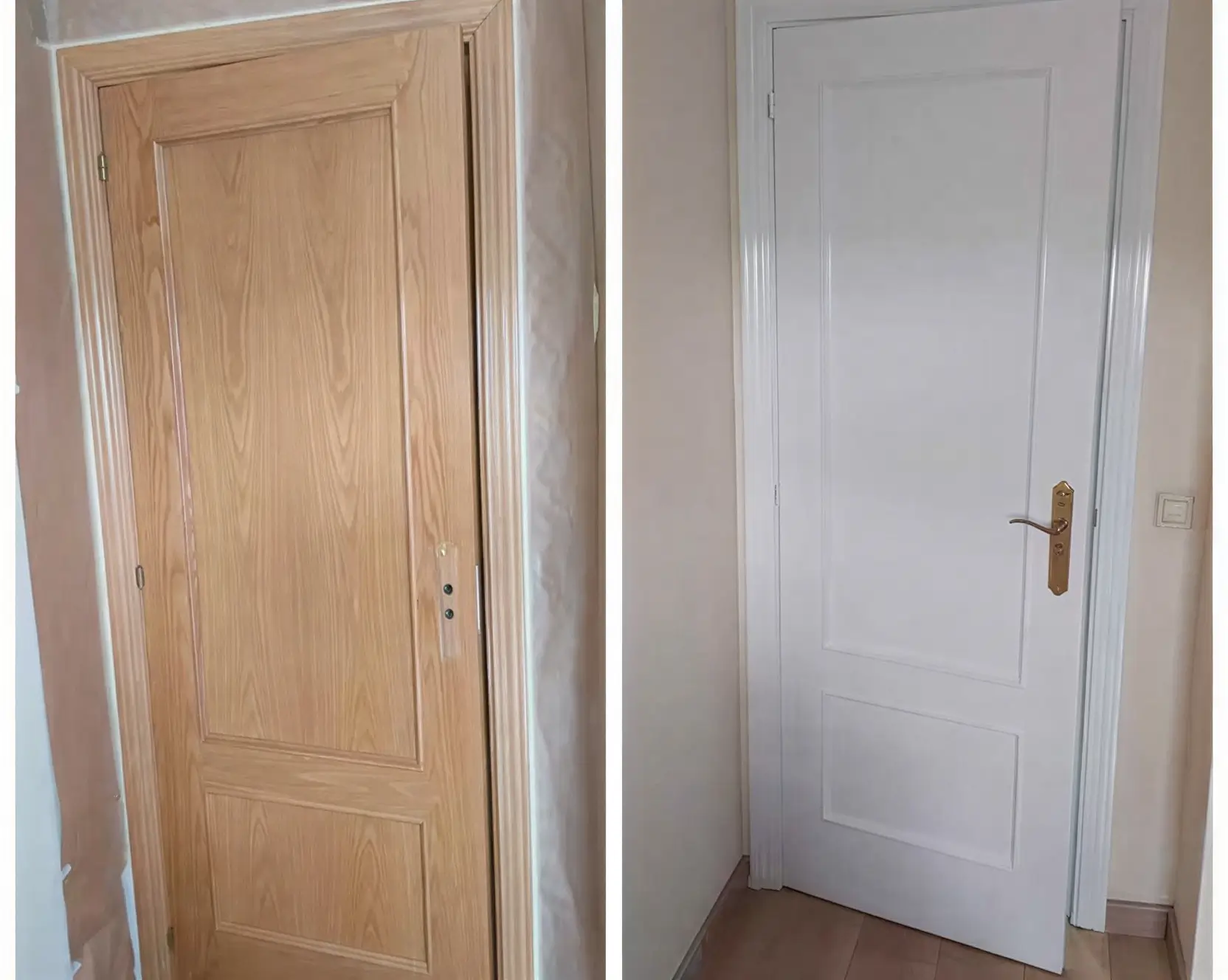 Antes y después de lacar puerta de madera en blanco por Los Pintores en Córdoba