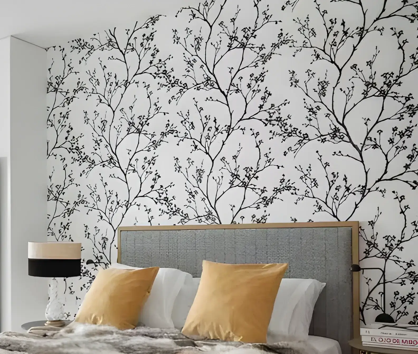 Los Pintores en Córdoba instalando papel pintado de ramas en cabecero de dormitorio moderno